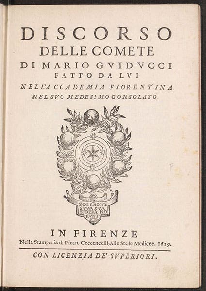 Title page, Discorso delle comete, by Mario Guiducci (i.e., Galileo Galilei), with printer’s mark of Pietro Cecconcelli, 1619 (Linda Hall Library)