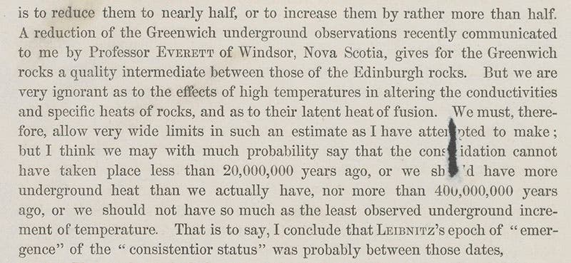 Last page of Thomson article, “The Secular Cooling of the Earth,” arguing that the Earth’s age lies between 20 and 400 million years, Transactions of the Royal Society of Edinburgh, 1864 (Linda Hall Library)