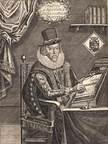 Portrait of Francis Bacon, detail of the frontispiece to Of the Advancement and Proficience of Learning, by Francis Bacon, edited by William Rawley, engraved by William Marshall, 1640 (Linda Hall Library)