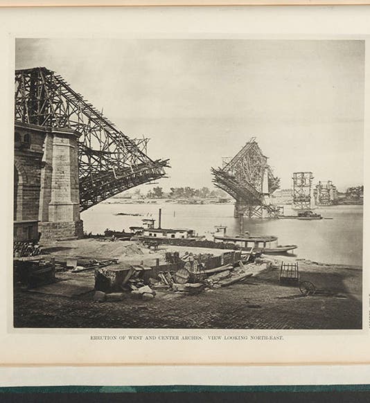 Construction of the west and center arches of the St. Louis Bridge, from C.M. Woodward, <i>History of the Saint Louis Bridge</i>, 1881 (Linda Hall Library)