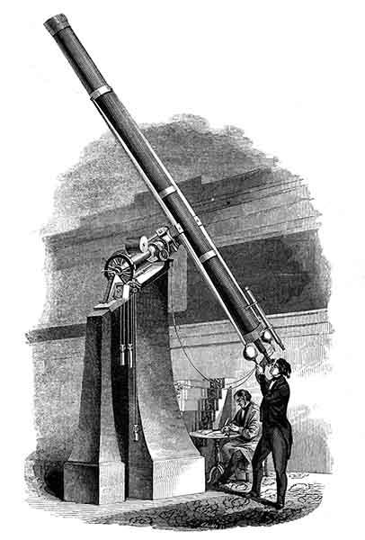 The 11-inch Merz & Mahler refractor, installed at Cincinnati Observatory in 1842, wood engraving after a photograph, 1848, Historical Marker Database (hmdb.org)