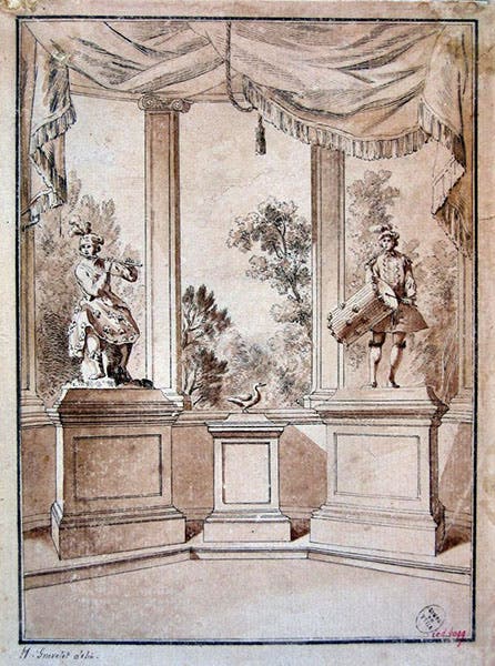 Preparatory design by Hubert-François Gravelot, pen and wash, 1738, for the frontispiece to Le Mécanisme du fluteur automate, by Jacques de Vaucanson, 1738, drawing now in Musée Carnavalet, Paris (Wikimedia commons)
