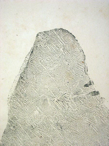 Fragment of the Elbogen meteorite, etched by acid, revealing the pattern discovered by William Thomson but named 