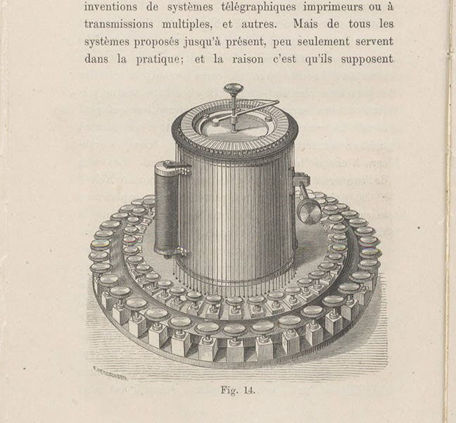 Phonic wheel, allowing up to 100 telegraph messages to be sent over a single wire, wood engraving in La roue phonique, by Poul La Cour, p. 64, 1878 (Linda Hall Library)