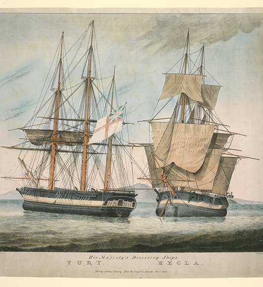 HMS Fury (left) and HMS Hecla, hand-colored lithograph by Arthur Parsey, 1823, National Maritime Museum, Greenwich (collections.rmg.co.uk)