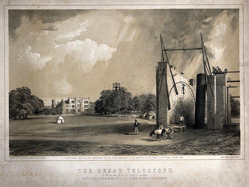 Birr Castle and the 72-inch refracting telescope, with the 3rd Earl of Rosse overseeing the installation of the mirror, Parsonstown (now Birr), Ireland, lithograph after watercolor by Henrietta Crompton, undated, Wellcome Collection (wellcomecollection.org)