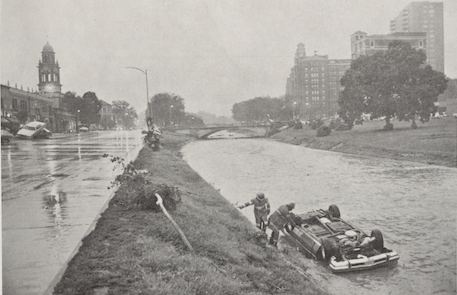Brush Creek looking east along Ward Parkway. Image source: Photograph by Frederick Solberg, Jr., Kansas City Star, in Hauth, Leland, and William J. Carswell, Jr. Floods in Kansas City, Missouri and Kansas, September 12-13, 1977, U.S. Geological Survey, 1978. View Source