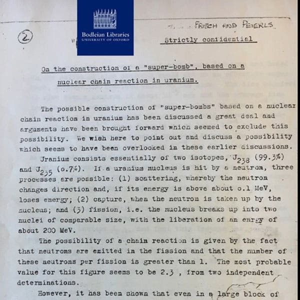 Page 1 of an original copy of the Frisch-Peierls Memorandum, drafted in March 1940, now in the Bodleian Library, Oxford (x.com/bodleianlibs)