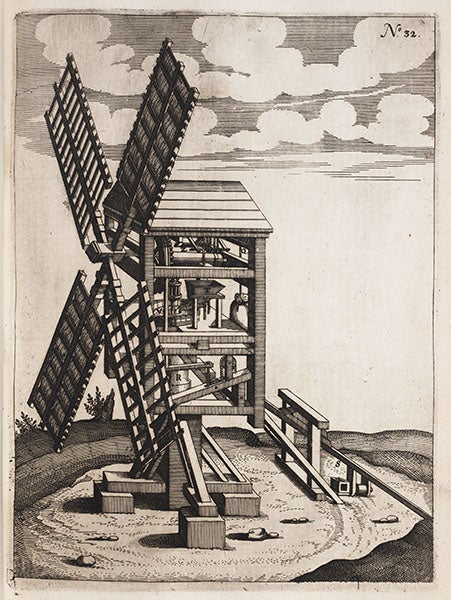 Windmill-powered pump, from Böckler, Theatrum, 1662 (Linda Hall Library)