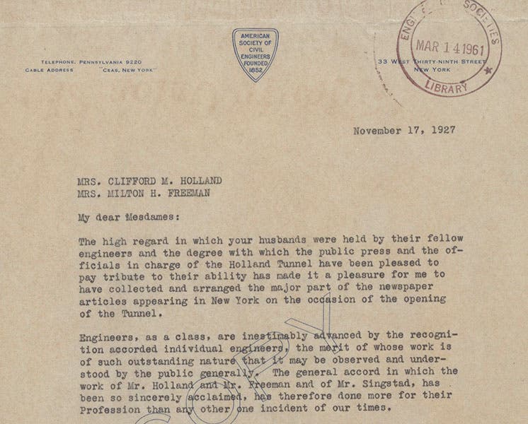 Top portion of letter to Mrs. Holland and Mrs. Freeman, November 17, 1927, in the scrapbook presented to the two widows by the American Society of Civil Engineers (Linda Hall Library)