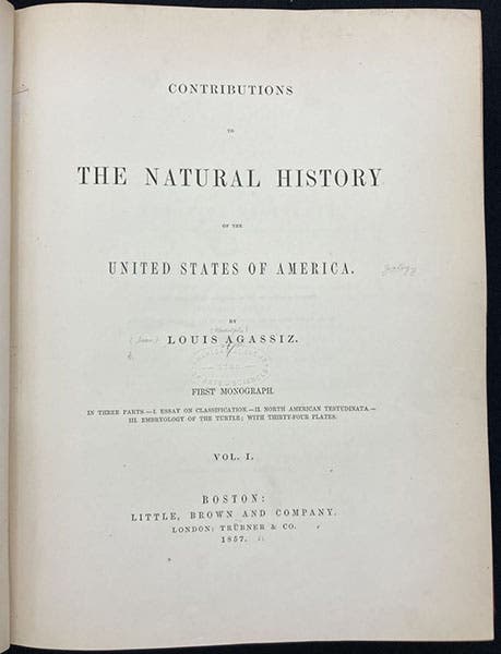 Title page, Contributions to the Natural History of the United States of America, by Louis Agassiz, vol. 1, 1857 (Linda Hall Libay)