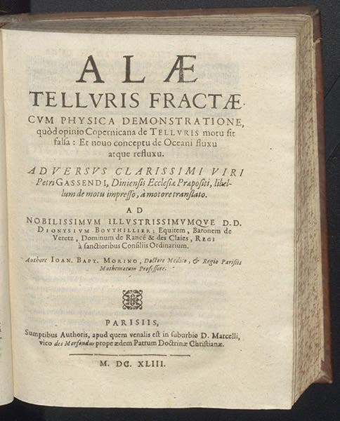 Title page of Alae telluris fractae, by Jean-Baptiste Morin, fourth treatise in the sammelband, 1643 (Linda Hall Library)