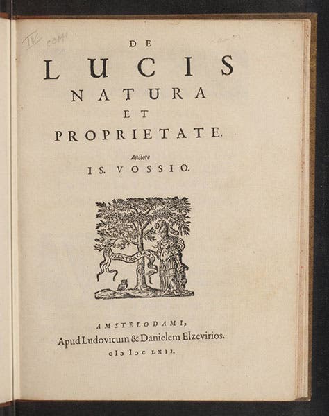 Title page, Isaac Vossius, De lucis natura, 1662 (Linda Hall Library)