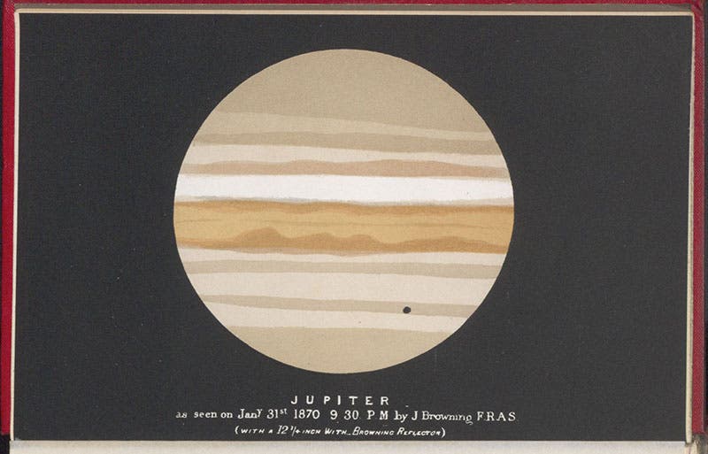 Drawing of Jupiter with the shadow of one moon, by John Browning, 1870, tinted lithograph in Other Worlds than Ours, by Richard A. Proctor, fifth London ed., 1882 (Linda Hall Library)