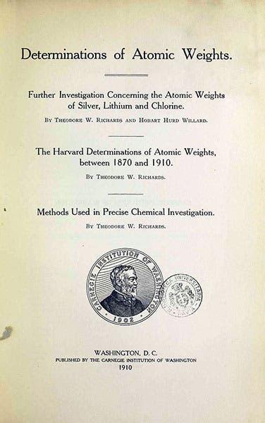 Title page of Determination of Atomic Weights, by Theodore Richards, 1910 (Wikimedia commons)
