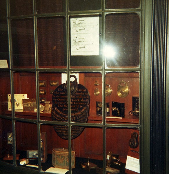 A recreation of Joseph Bramah’s store window, with the Challenge Lock and the written challenge on display, Science Museum, London (antiqueboxes.org)