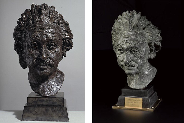 Bronze busts of Albert Einstein, at The Tate (left) and the Science Museum, London (right), sculpted by Jacob Epstein, 1933, casting dates unknown (tate.org.uk and sciencemuseumgroup.org.uk)