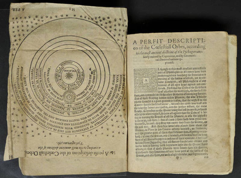 Frontispiece (mounted upside-down) and title page of “A Perfit Description of the Coelestial Orbs,” appendix by Thomas Digges to Leonard Digges, A Prognostication everlasting of right good effect, rev. and ed. by Thomas Digges, 2nd ed., 1596 (Linda Hall Library)