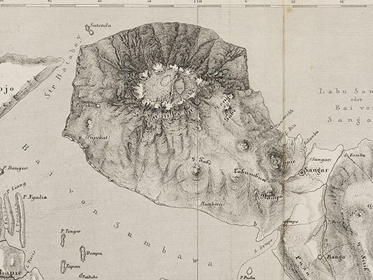 Tambora crater, detail of map of Sumbawa, from Zollinger, <i>Besteigung des Vulkanes Tambora</i>, 1855 (Linda Hall Library)