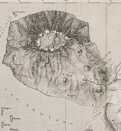 Tambora crater, detail of map of Sumbawa, from Zollinger, <i>Besteigung des Vulkanes Tambora</i>, 1855 (Linda Hall Library)