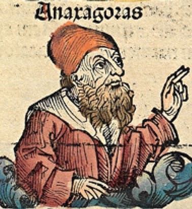Supposed portrait of Anaxagoras in the Nuremberg, Chronicle, hand-colored woodcut, 1493 (Wikimedia commons)