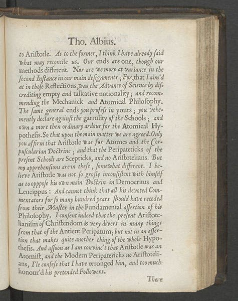 Page from Joseph Glanvill, Scepsis scientifica (1665), discussing Thomas White’s Aristotelian atomism (Linda Hall Library)