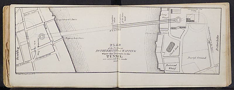 Bird’s eye view of Thames Tunnel, showing progress to 1828; Sketches of the Works for the Tunnel under the Thames, from Rotherhithe to Wapping, 1828 (Linda Hall Library)