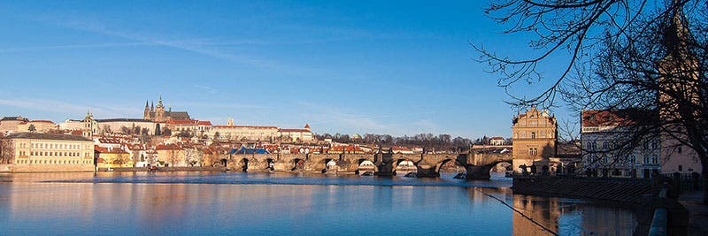 Another modern view of Charles Bridge, with St. Vitus Cathedral and Prague Castle on the hill at left.