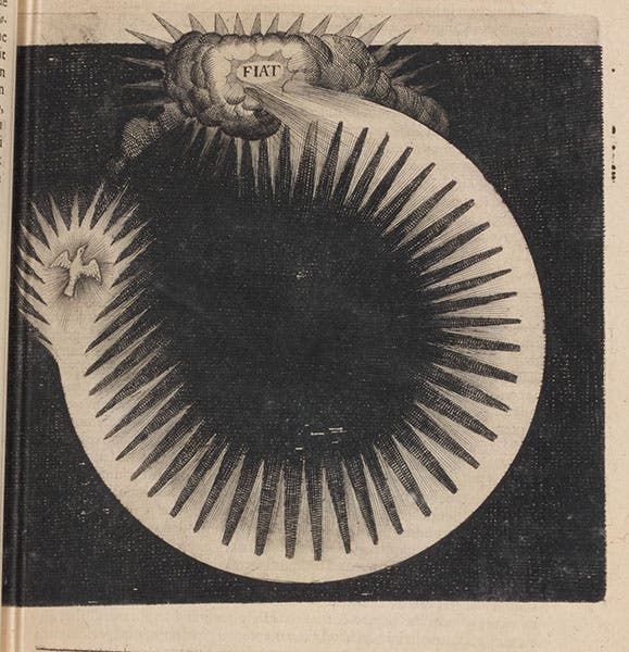 Depiction of the creation, when God said Fiat lux, “Let there be light,” engraving by Johann Theodor de Bry, in Utriusque cosmi maioris scilicet et minoris … historia, by Robert Fludd, Book 1, p. 49, 1617-21 (Linda Hall Library)