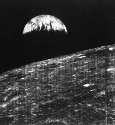 Earth rising above the lunar horizon, the first image ever of the Earth from lunar orbit, a detail of our sixth image, taken Aug. 23, 1966, by Lunar Orbiter 1 (nasa.gov)