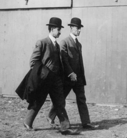 The Wright Brothers walking, Orville at the left, at the International Aviation Tournament, Belmont Park, Long Island, N.Y., Oct. 1910, Library of Congress (loc.gov)