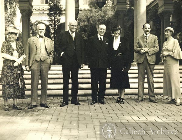 Three Nobel Prize winners at Cal Tech; Morgan is at the right with his wife; R.A. Millikan is at left, and Guglielmo Marconi in the center, photograph, 1933 (Cal Tech Archives)