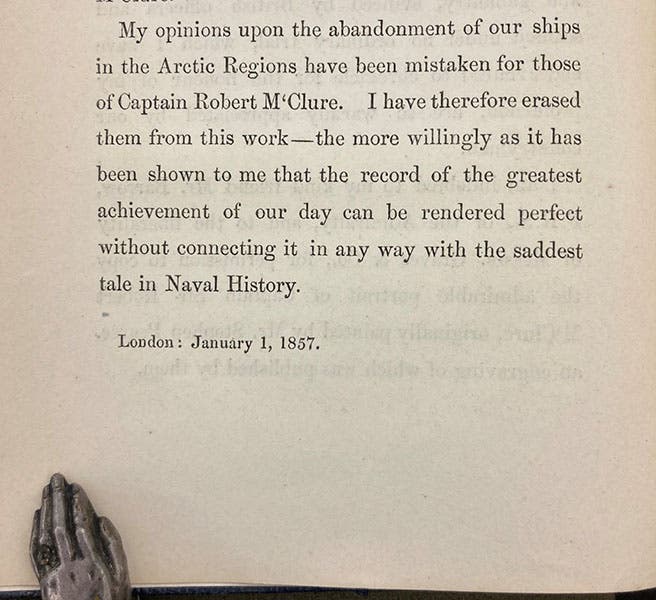 The end of Sherard Osborn’s preface to The Discovery of The North-west Passage by H.M.S. Investigator, 3rd ed., 1859, where he refers to Belcher’s decision to abandon his four ships (including Osborn’s Pioneer) as “the saddest tale in Naval History” (Linda Hall Library)