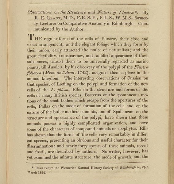 First page of article by Robert Grant, “Observations on the structure and nature of Flustrae,” Edinburgh New Philosophical Journal, vol. 3, 1827 (Linda Hall Library)