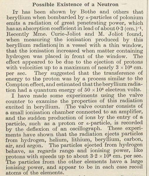 James Chadwick paper in Nature, detail of second image (Linda Hall Library)