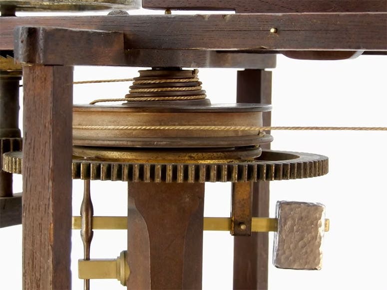 Detail of the fusee tension regulator, Vauloue’s pile driver, restored by William R. Robertson, 2022-23 (robertsonminiatures.com)