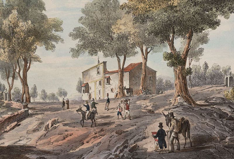 “The Hermitage,” the starting point for tourists climbing Mount Vesuvius, hand-colored lithograph from a drawing by John Auldjo, in his Sketches of Vesuvius, 1832 (Linda Hall Library)