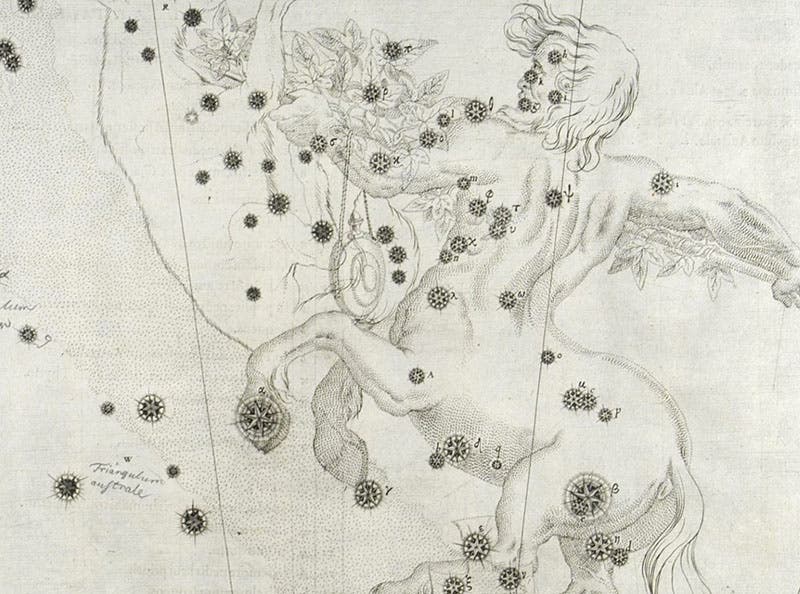 Detail of the star map of the constellation Centaurus, Johann Bayer, Uranometria, plate 41, 1603; the star in the front hoof is marked with the Greek letter α (alpha) (Linda Hall Library)
