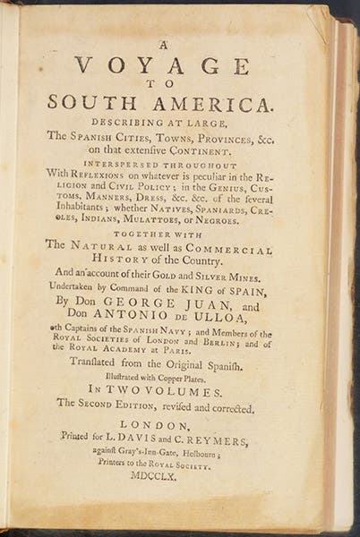 Title page, A Voyage to South America, by Jorge Juan y Santacilia and Antonio de Ulloa, 2nd Engl. ed., 1760 (Linda Hall Library)