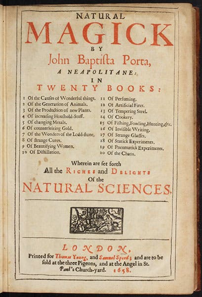 Letterpress title page with a table of contents, Natural magick, by Giovanni Battista della Porta, 1658 (Linda Hall Library)