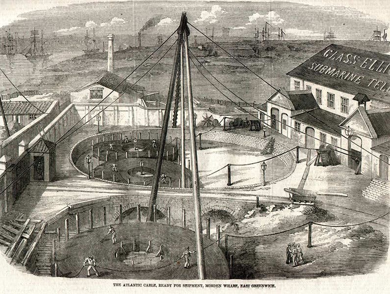 Cable being stored on the docks of the Glass, Elliot, and Co. plant, East Greenwich, wood engraving, Illustrated London News, Mar. 14, 1857 (atlantic-cable.com)
