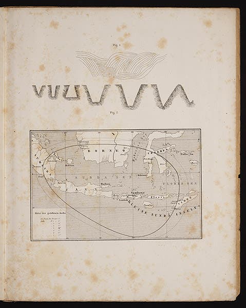Ash fall map of Tambora eruption, engraving from Zollinger, Besteigung des vulkanes Tambora, 1855 (Linda Hall Library)