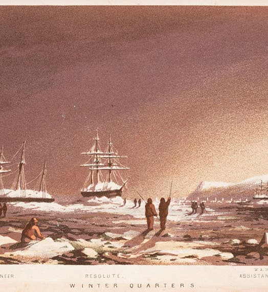 HMS Pioneer in winter quarters off Griffiths Island in Barrow Strait (second from left), winter of 1851, tinted lithograph after a drawing by Osborn, in Stray Leaves from an Arctic Journal, by Sherard Osborn, 1852 (Linda Hall Library)
