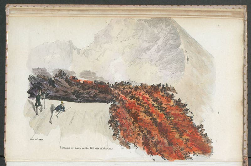 “Streams of lava on the SE side of the cone, Sep. 20, 1831,”  hand-colored lithograph from a drawing by John Auldjo, in his Sketches of Vesuvius, 1832 (Linda Hall Library)