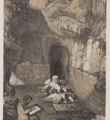 “Entrance passage Kouyunjik,” tinted lithograph by Nicholas Chevalier, in Discoveries in the Ruins of Nineveh and Babylon, by Austen Henry Layard, 1853 (Linda Hall Library)