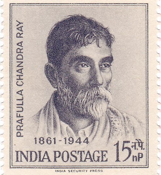 Postage stamp honoring Prafulla Chandra Ray on the 100th anniversary of his birth, India Post, 1961 (Wikimedia commons)
