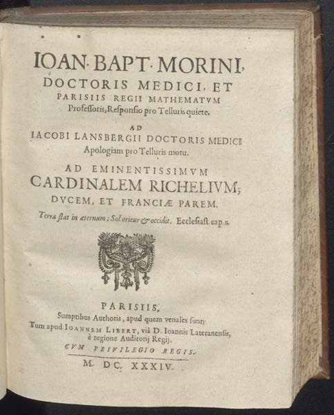 Title page of Responsio pro telluris quiete, by Jean-Baptiste Morin, second treatise in the sammelband, 1634 (Linda Hall Library)