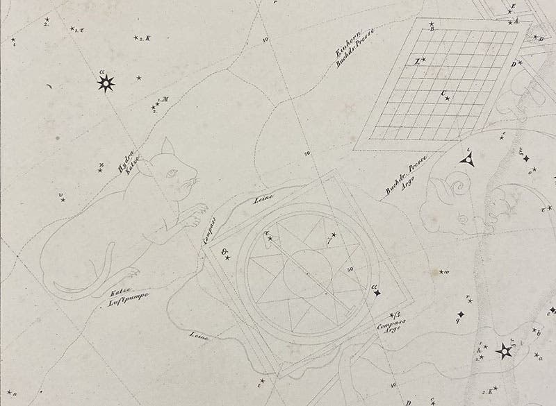 Detail of Felis (the Cat), Officina Typographica (Printing Press), and Pyxis (Compass), all non-traditional southern constellations, with only Pyxis now accepted, Atlas des gestirnten Himmels, by Joseph Johann Littrow, plate XXV, 1839 (Linda Hall Library)
