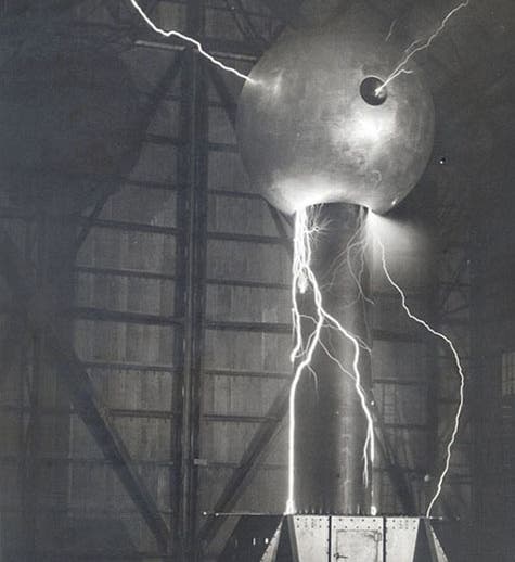 Van de Graaff generator in operation at Round Hill, Mass.,  1933 (MIT Libraries)