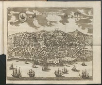 “Lisboa oder Lissabon”, aerial view of Lisbon, double-folding engraving in Gesammlete Nachrichten von dem Erdbeben der Stadt Lissabon, by J.H. Rühlen, and 5 other tracts, Tract 4, 1756 (Linda Hall Library)